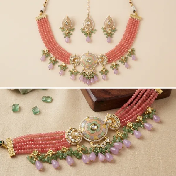 Red_Beaded_Kundan_Choker_Necklace_Set_With_Earrings_And_Maang_Tikka