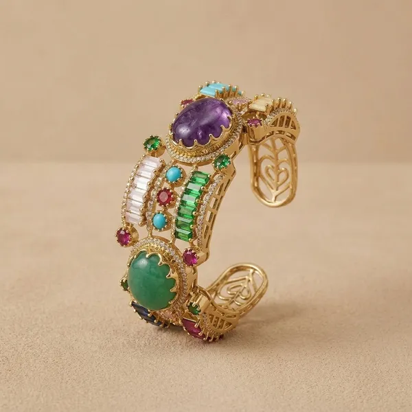 Gold-Plated_Multicolor_Gemstone_Statement_Bracelet_For_Women