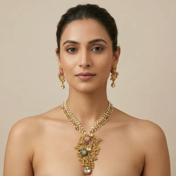 Gold_Plated_Pink_Green_Kundan_Pearl_Floral_Necklace_Set_For_Women