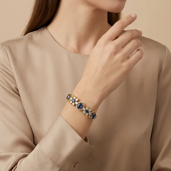 Gold_Tone_Blue_Stone_Floral_Design_Bangle_Bracelet_For_Women