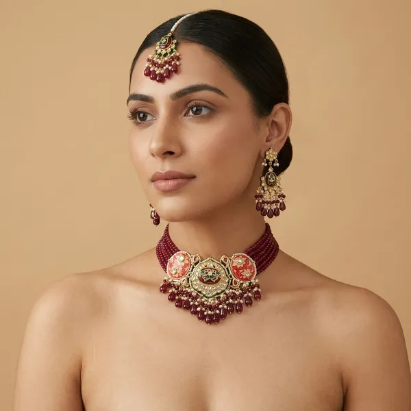 Traditional_Maroon_Kundan_Meenakari_Choker_Necklace_Set_With_Tikka