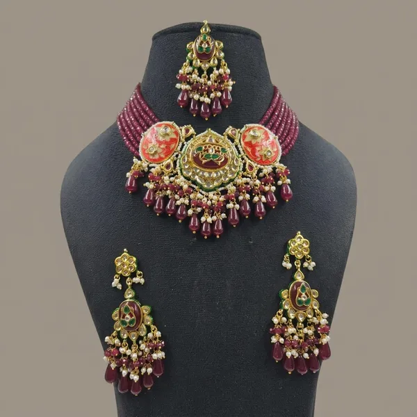 Traditional_Maroon_Kundan_Meenakari_Choker_Necklace_Set_With_Tikka