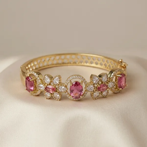 Gold_Plated_Pink_Stone_Floral_Bracelet_For_Women