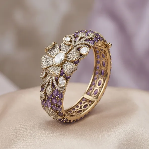 Silver_Tone_Floral_Crystal_Bracelet_With_Blue_And_White_Stones