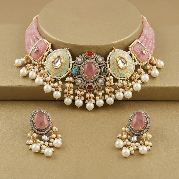 Pink_Kundan_Meenakari_Pearl_Drop_Choker_Necklace_Set_For_Women