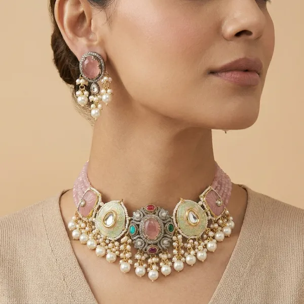 Pink_Kundan_Meenakari_Pearl_Drop_Choker_Necklace_Set_For_Women