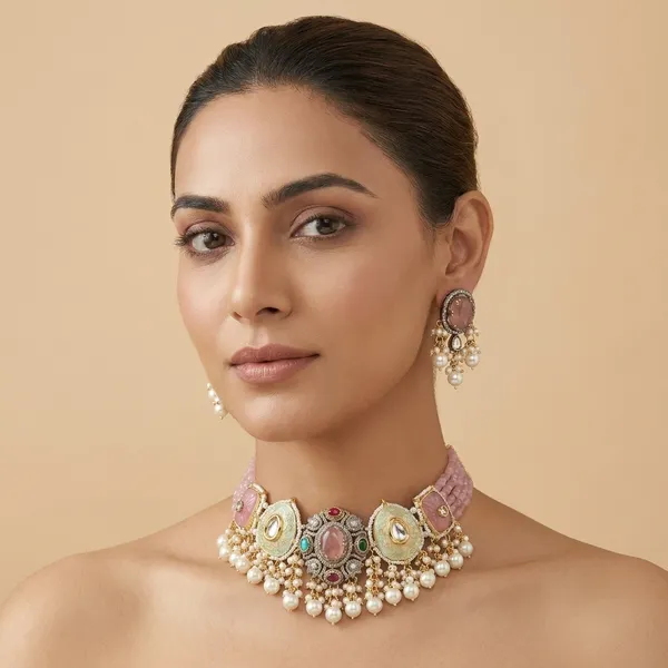 Pink_Kundan_Meenakari_Pearl_Drop_Choker_Necklace_Set_For_Women