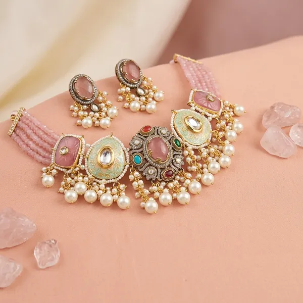Pink_Kundan_Meenakari_Pearl_Drop_Choker_Necklace_Set_For_Women