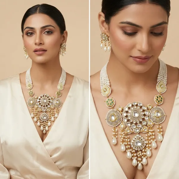 Gold_Plated_Kundan_Pearl_Choker_Necklace_Set_With_Earrings