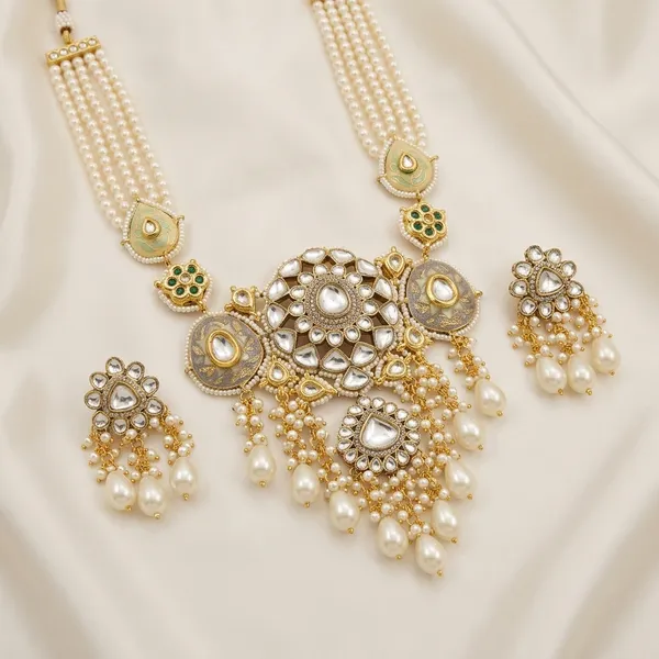 Gold_Plated_Kundan_Pearl_Choker_Necklace_Set_With_Earrings
