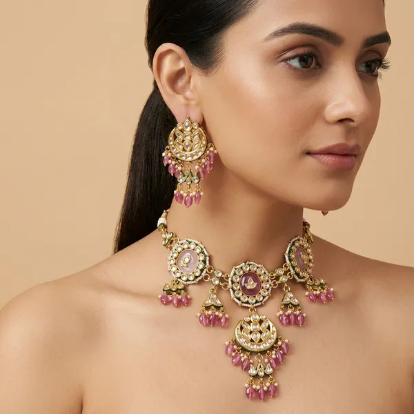 Golden_Kundan_Pink_Drop_Necklace_Set_With_Earrings