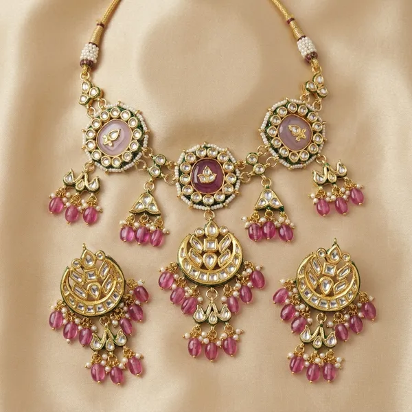 Golden_Kundan_Pink_Drop_Necklace_Set_With_Earrings