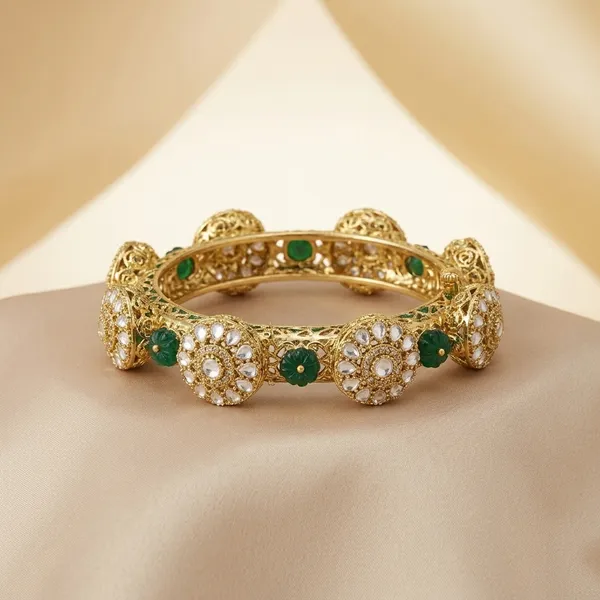 Gold_Plated_Green_Stone_Floral_Band_Bangle
