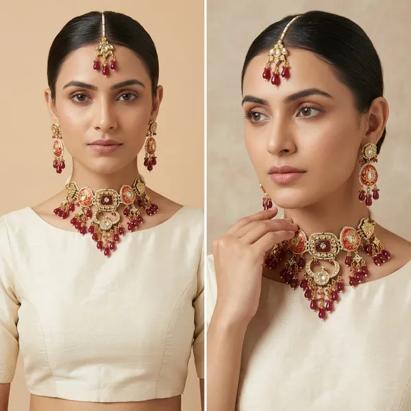 Golden_Ruby_Kundan_Meenakari_Bridal_Necklace_Set_With_Maang_Tikka