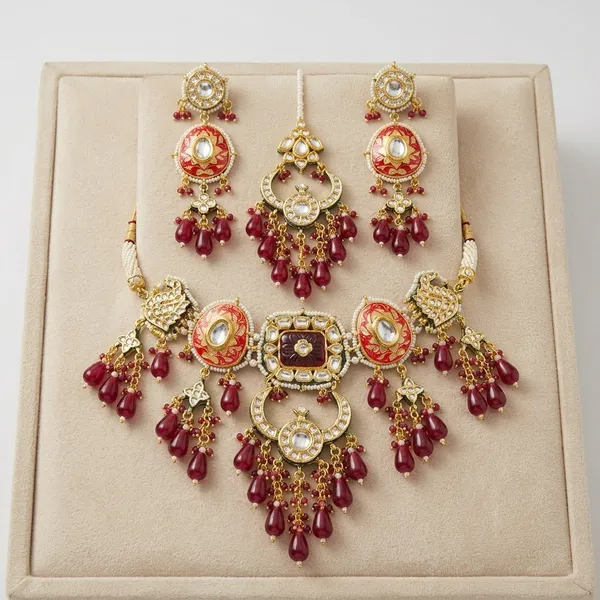 Golden_Ruby_Kundan_Meenakari_Bridal_Necklace_Set_With_Maang_Tikka