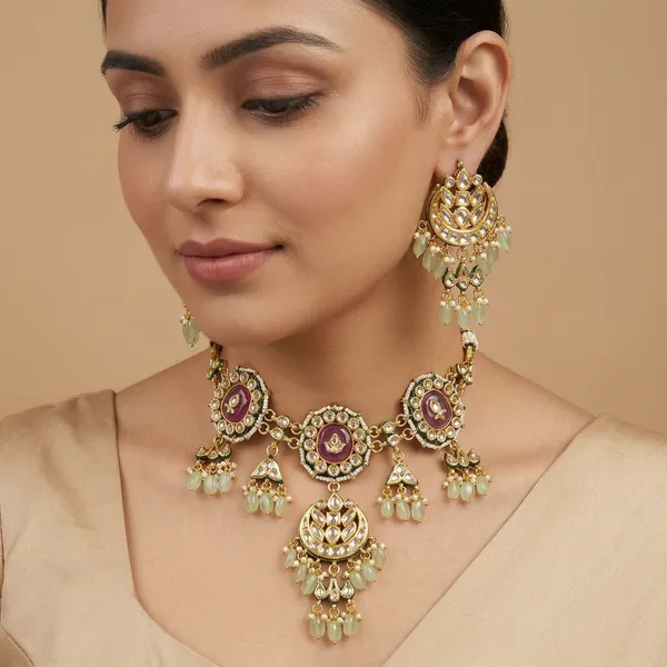 Gold_Plated_Purple_Enamel_Kundan_Necklace_Set_With_Earrings