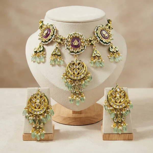 Gold_Plated_Purple_Enamel_Kundan_Necklace_Set_With_Earrings