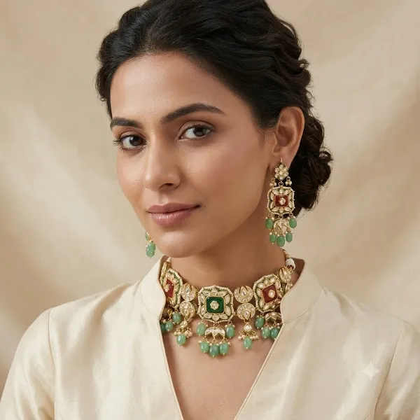 Gold_Plated_Kundan_Meenakari_Necklace_Set_With_Emerald_Drops
