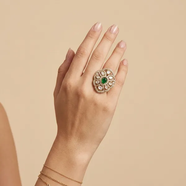 Antique_Gold_Plated_Kundan_Green_Stone_Adjustable_Ring