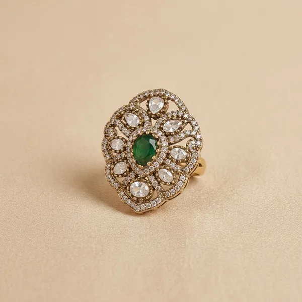 Antique_Gold_Plated_Kundan_Green_Stone_Adjustable_Ring
