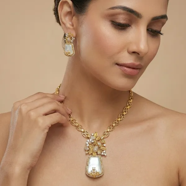 Gold_Plated_Floral_Kundan_White_Stone_Necklace_Set_For_Women