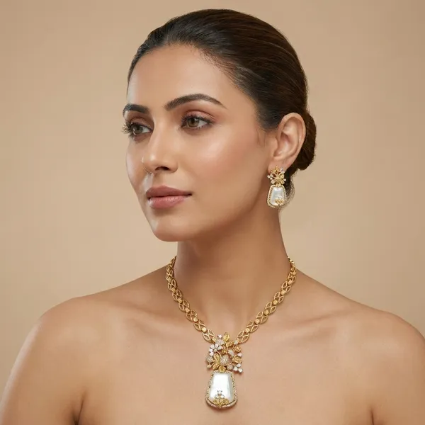 Gold_Plated_Floral_Kundan_White_Stone_Necklace_Set_For_Women