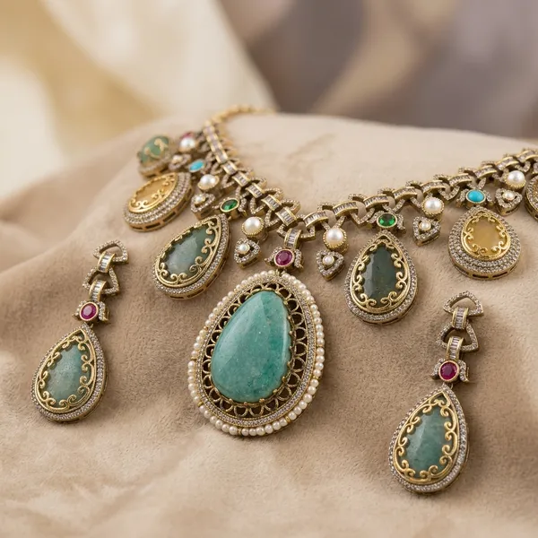 Multicolor_Stone_Brass_Teardrop_Pendant_Necklace_Set_For_Women