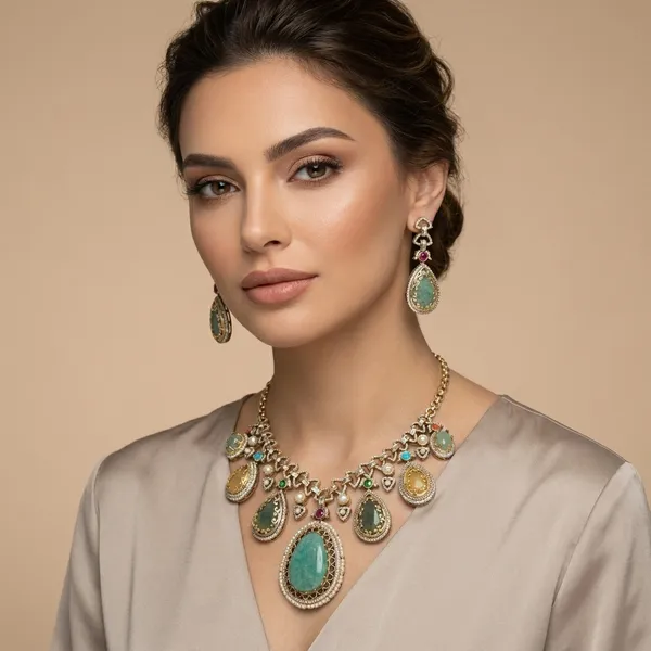 Multicolor_Stone_Brass_Teardrop_Pendant_Necklace_Set_For_Women