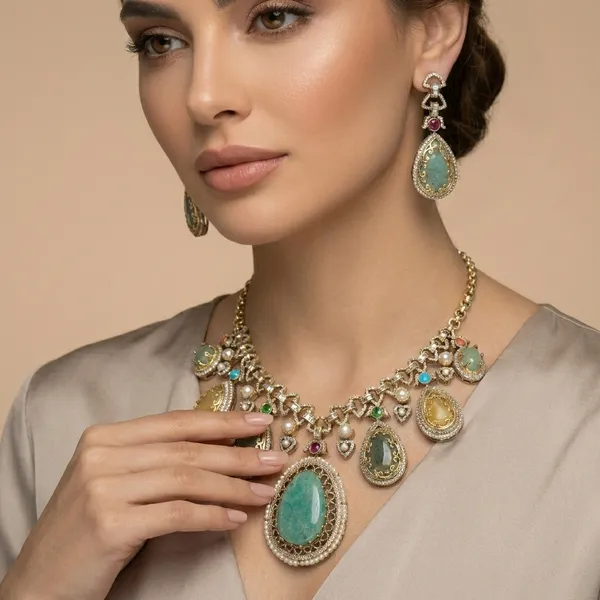 Multicolor_Stone_Brass_Teardrop_Pendant_Necklace_Set_For_Women