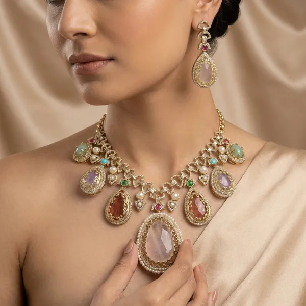 Multicolor_Stone_Gold_Tone_Teardrop_Statement_Necklace_Set_For_Women