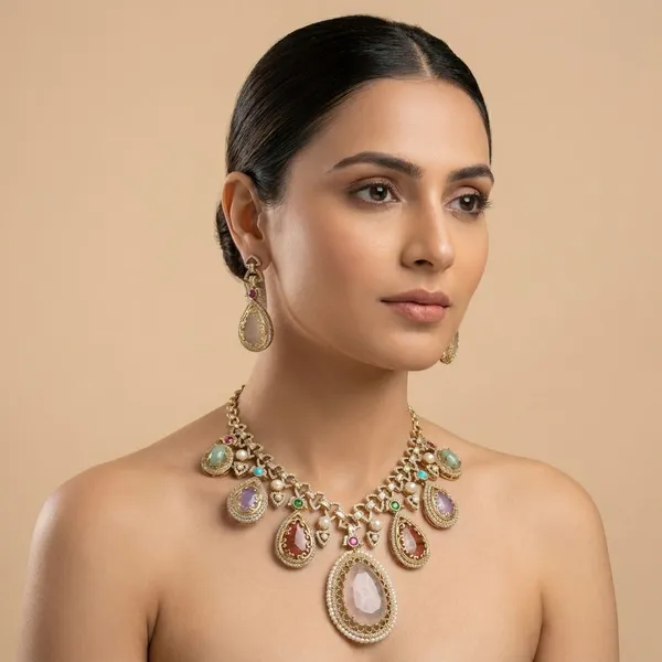Multicolor_Stone_Gold_Tone_Teardrop_Statement_Necklace_Set_For_Women