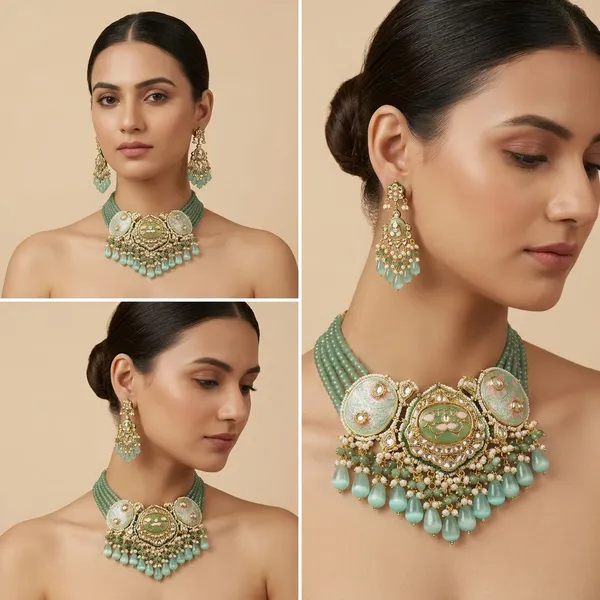 Mint_Green_Kundan_Meenakari_Choker_Necklace_Set_With_Maang_Tikka