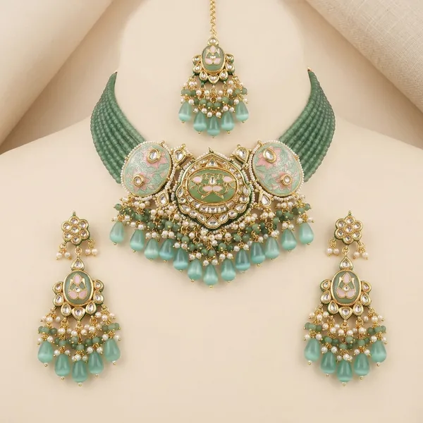 Mint_Green_Kundan_Meenakari_Choker_Necklace_Set_With_Maang_Tikka