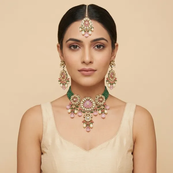 Polki_Kundan_Multicolor_Beaded_Choker_Necklace_Set_With_Earrings