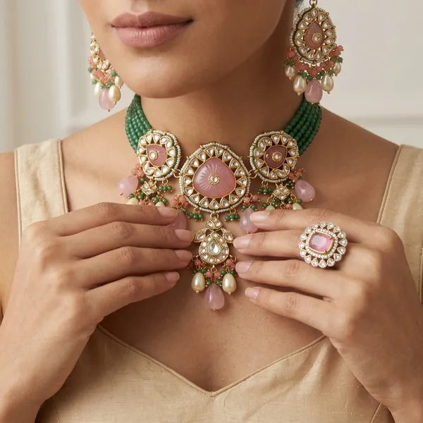 Polki_Kundan_Multicolor_Beaded_Choker_Necklace_Set_With_Earrings