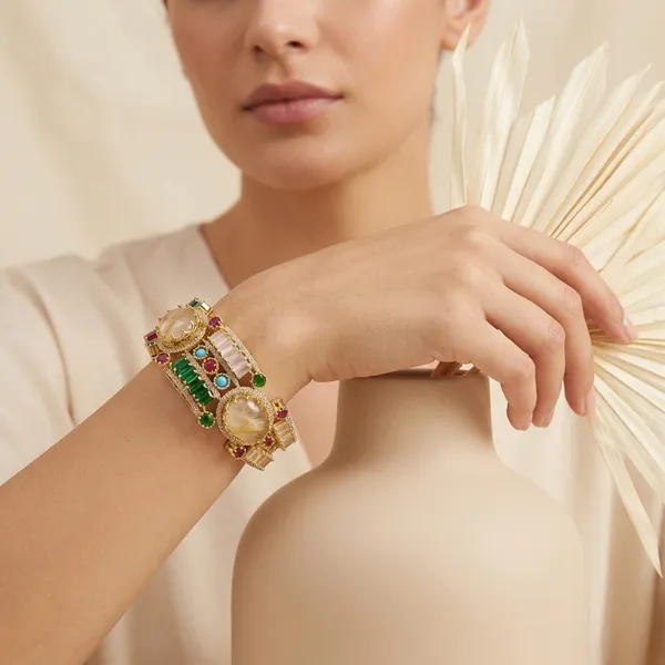 Multicolour_Gemstone_Peacock_Cuff_Bracelet_For_Women