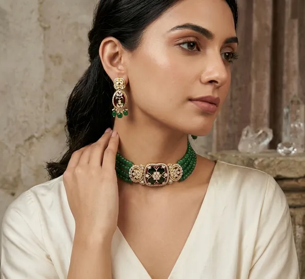 Green_Beaded_Necklace_With_Floral_Enamel_Centerpiece_And_Matching_Earrings