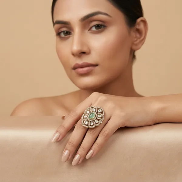 Antique_Gold_Plated_Kundan_Ring_With_Green_Stone_For_Women
