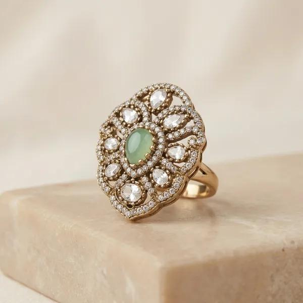 Antique_Gold_Plated_Kundan_Ring_With_Green_Stone_For_Women