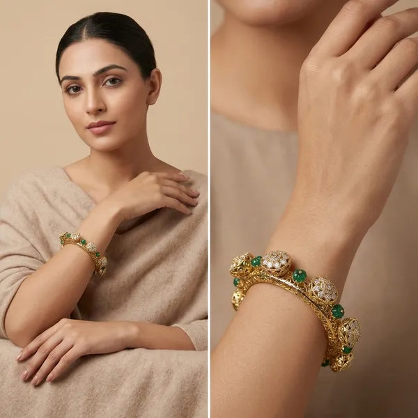 Antique_Gold_Plated_Circular_Bracelet_With_Green_Stones