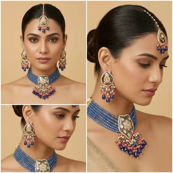 Blue_Beaded_Multi_Strand_Choker_Necklace_Set_With_Earrings