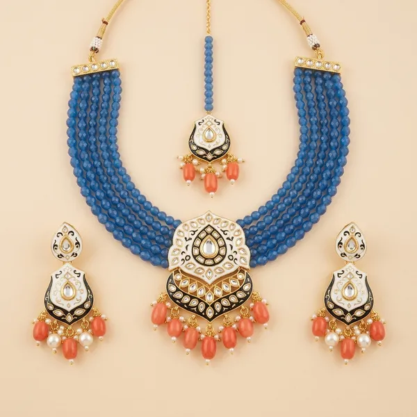 Blue_Beaded_Multi_Strand_Choker_Necklace_Set_With_Earrings