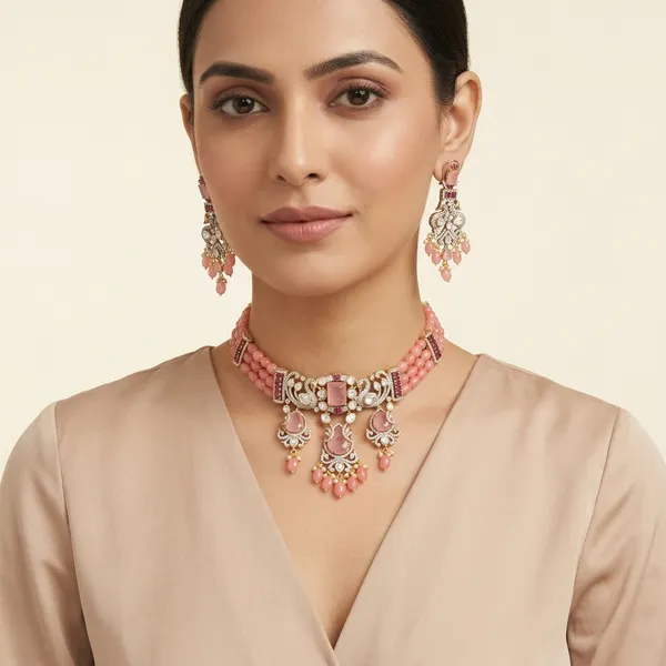Pink_Beaded_Kundan_Bridal_Necklace_Set_With_Earrings