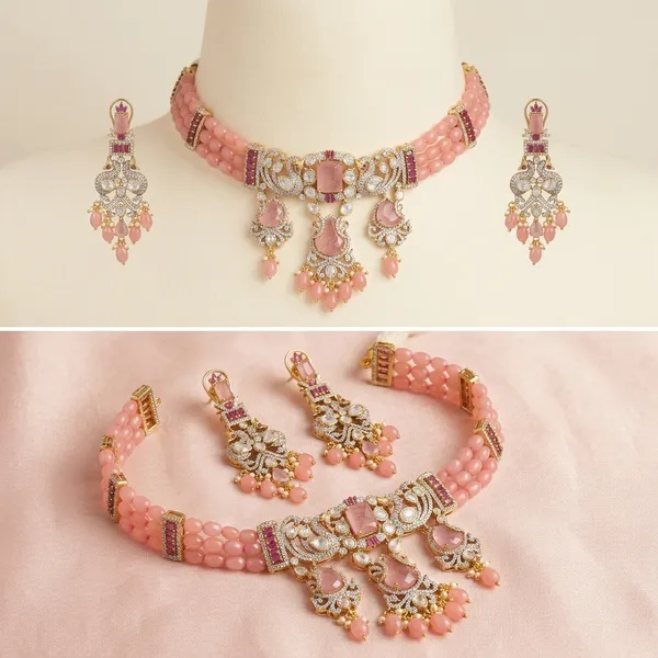 Pink_Beaded_Kundan_Bridal_Necklace_Set_With_Earrings