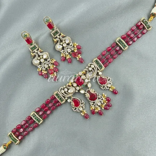 Pink_Beaded_American_Diamond_Brass_Necklace_Set_For_Women