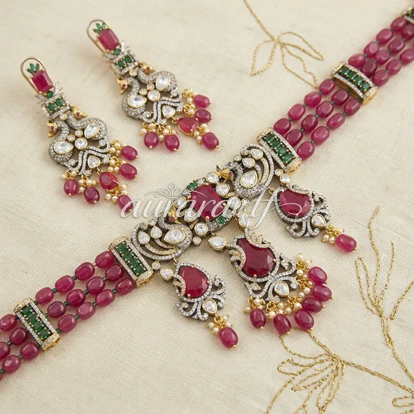 Pink_Beaded_American_Diamond_Brass_Necklace_Set_For_Women