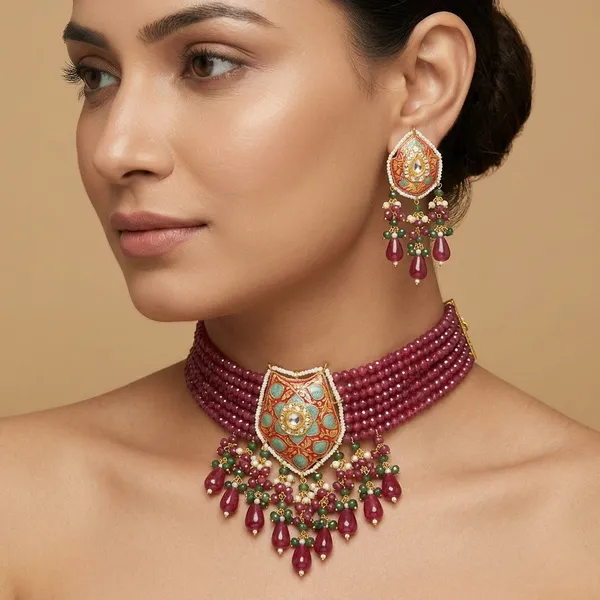 Pink_Beaded_Kundan_Choker_Necklace_Set_With_Earrings_And_Maang_Tikka