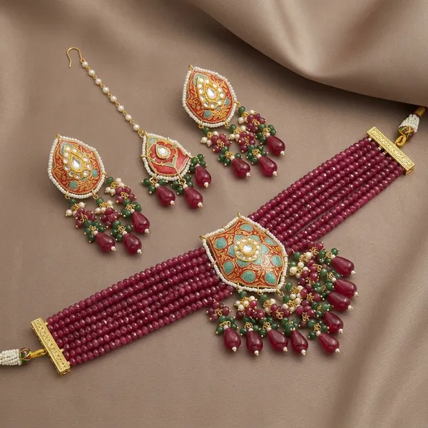 Pink_Beaded_Kundan_Choker_Necklace_Set_With_Earrings_And_Maang_Tikka
