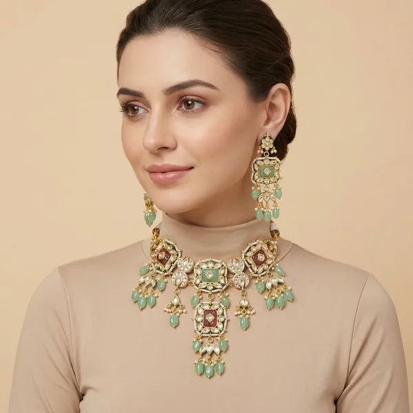 Gold_Plated_Kundan_Meenakari_Necklace_Set_With_Green_Beads