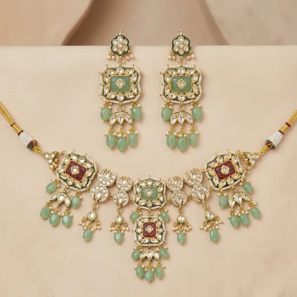 Gold_Plated_Kundan_Meenakari_Necklace_Set_With_Green_Beads